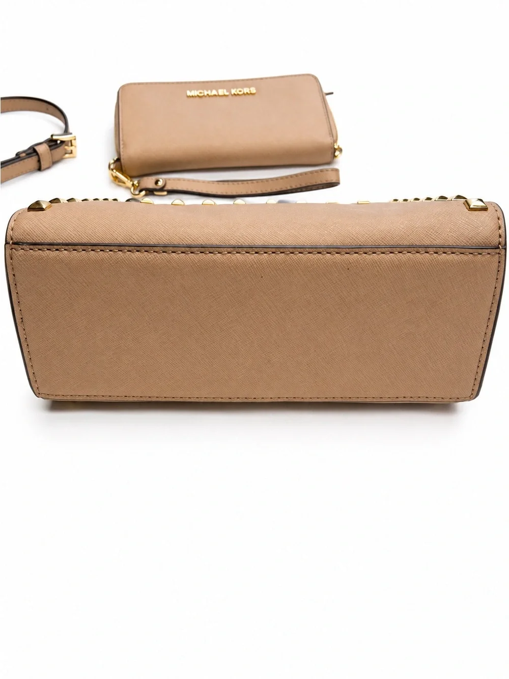 Michael Kors Tan Selma Studded Saffiano Medium Crossbody and Matching Wallet